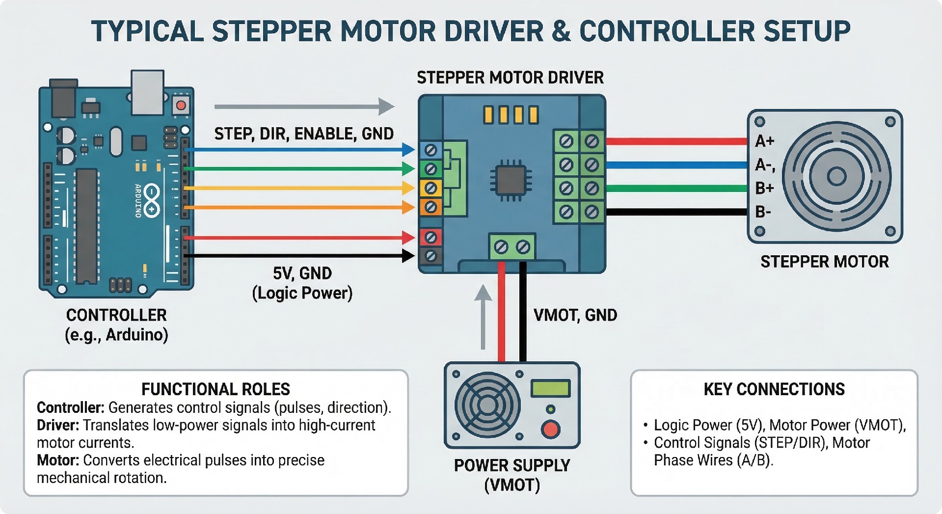 An infographic demonstrating the typical setup of a stepper motor driver and controller.png