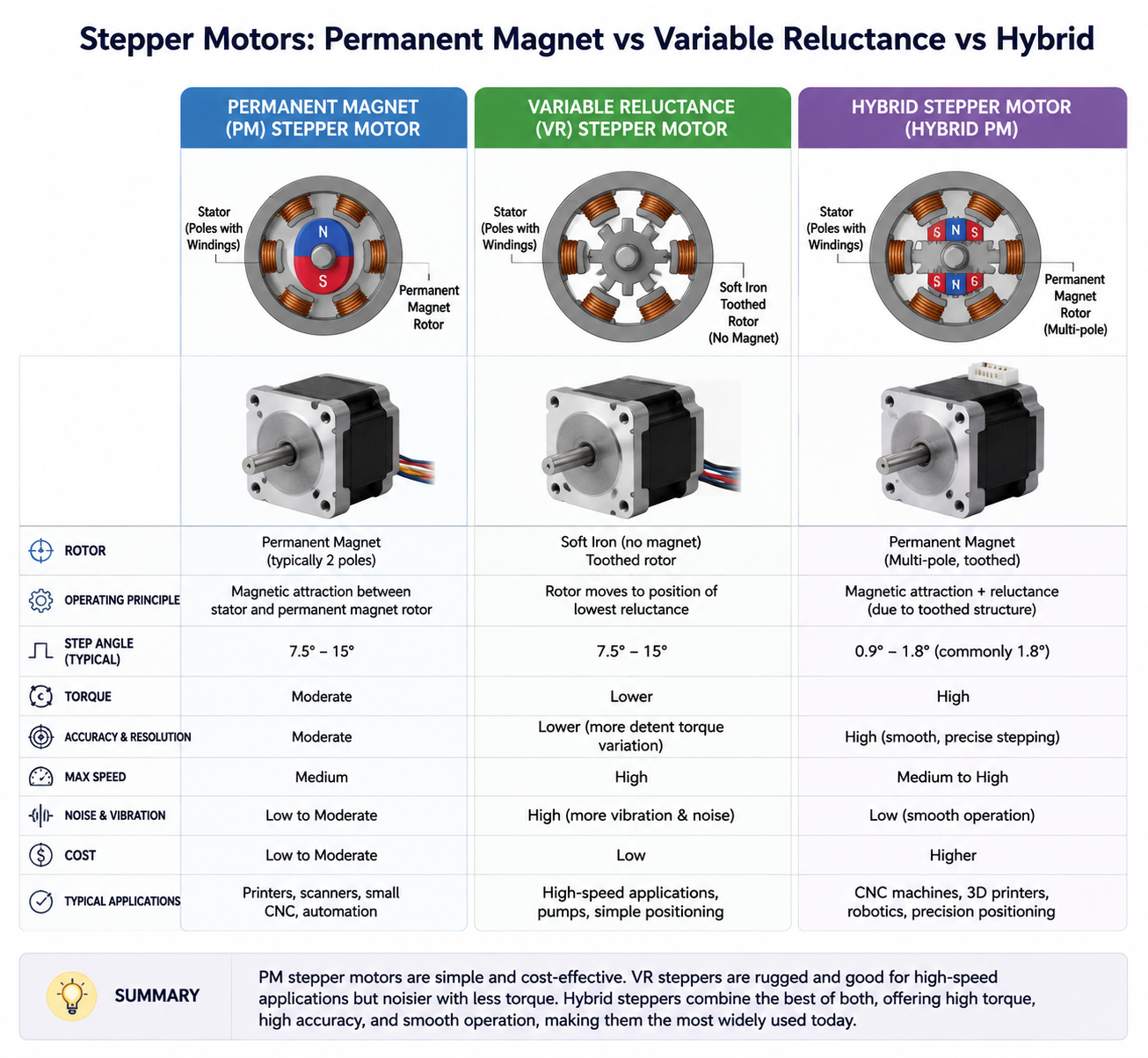 Schrittmotor Typen: Permanentmagnet vs Reluktanz vs Hybrid im Vergleich