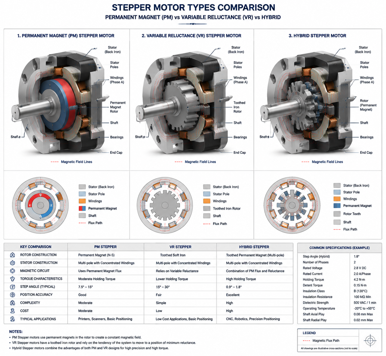 PM vs VR vs Hybrid Schrittmotor Vergleich mit Aufbau und Funktionsprinzip für Industrieautomation