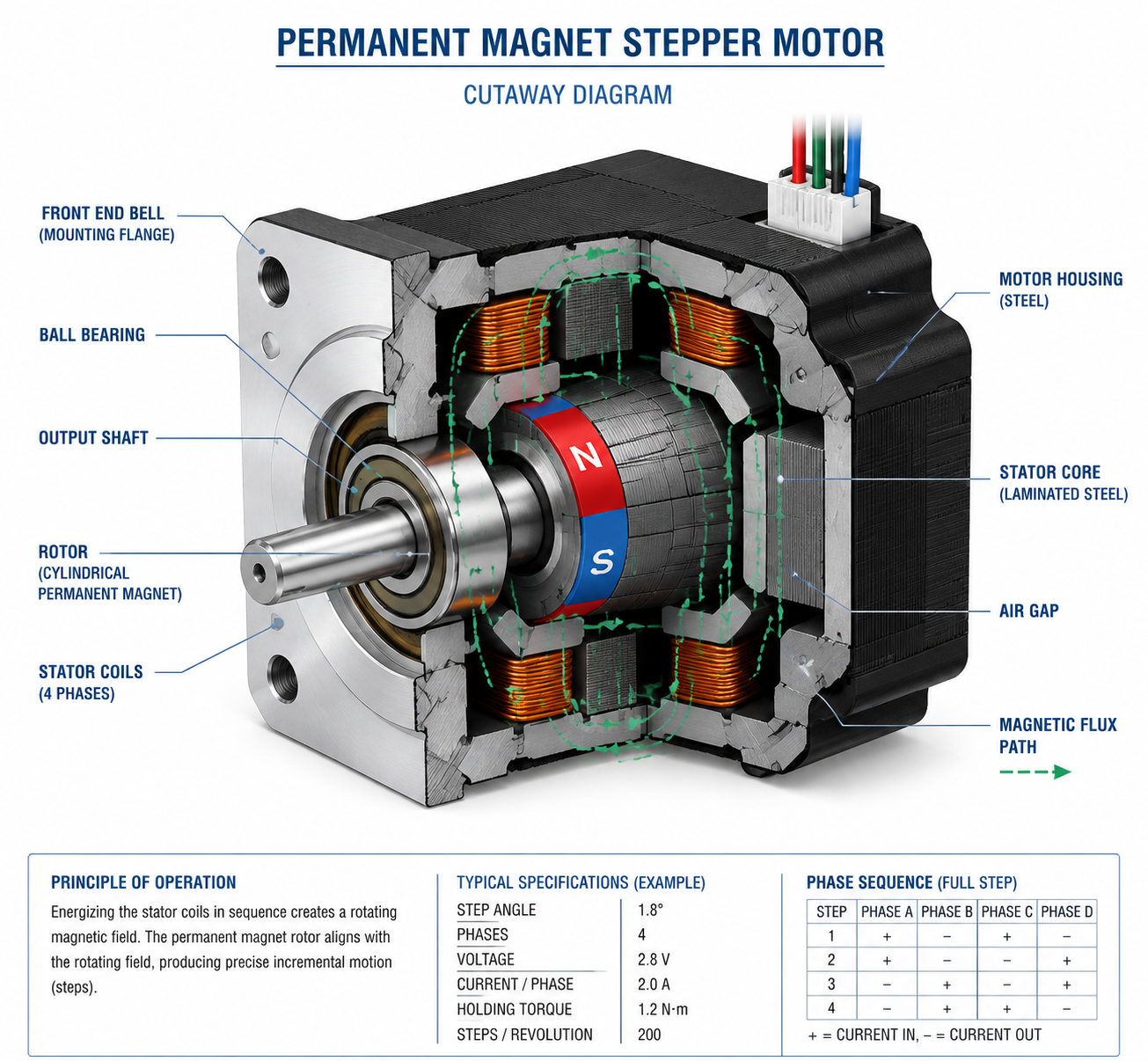 Permanentmagnet Schrittmotor Aufbau mit Rotor Statorspulen und Magnetfeldausrichtung