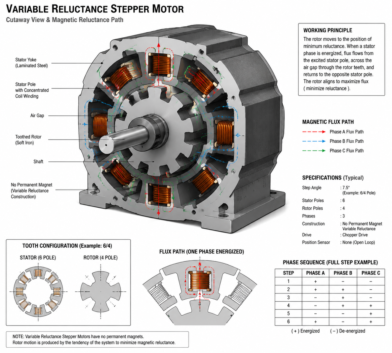 Variable Reluktanz Schrittmotor Aufbau mit Zahnrotor und elektromagnetischem Stator