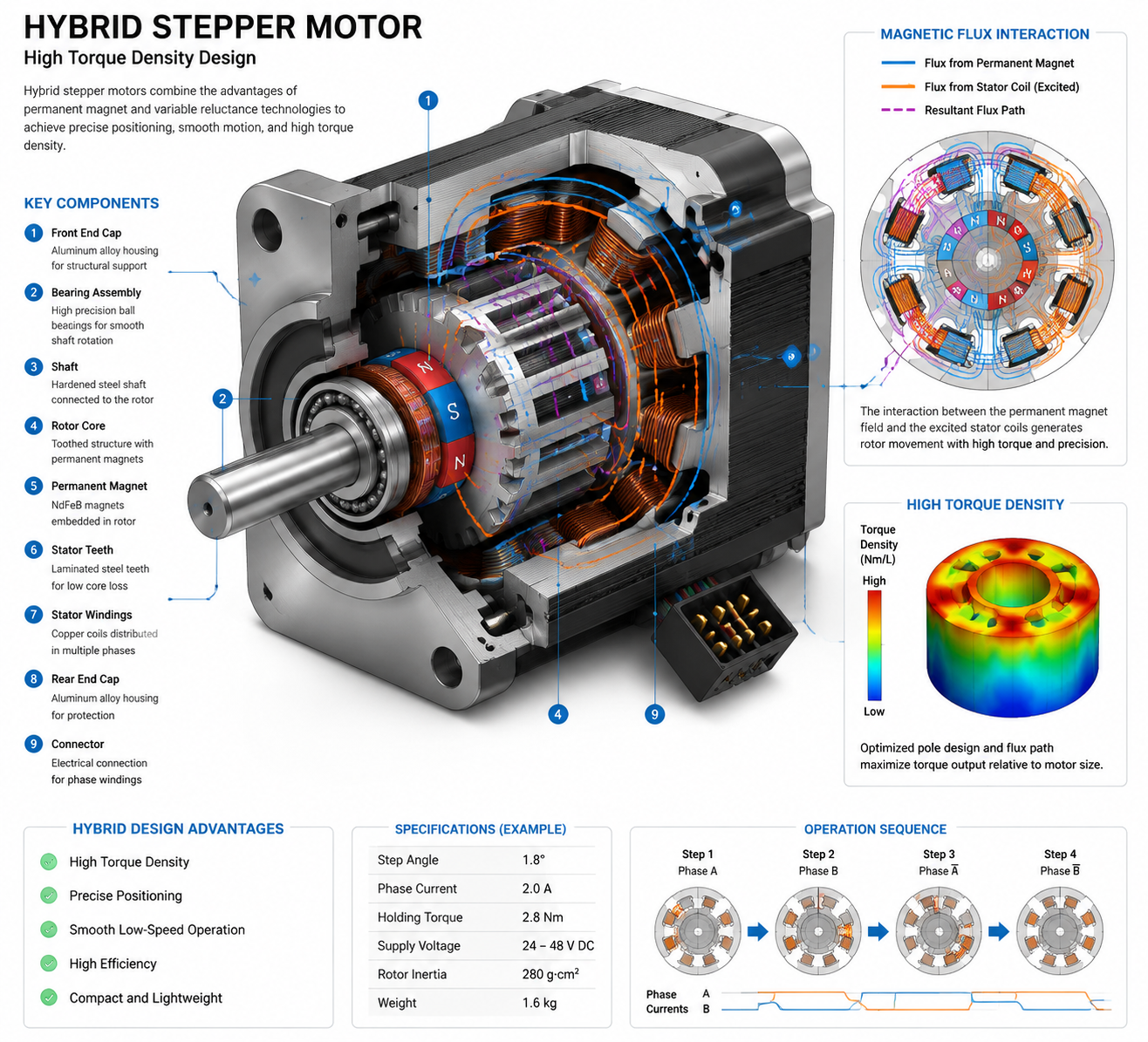 Hybrid Schrittmotor Aufbau mit Permanentmagnet Rotor und gezahntem Stator