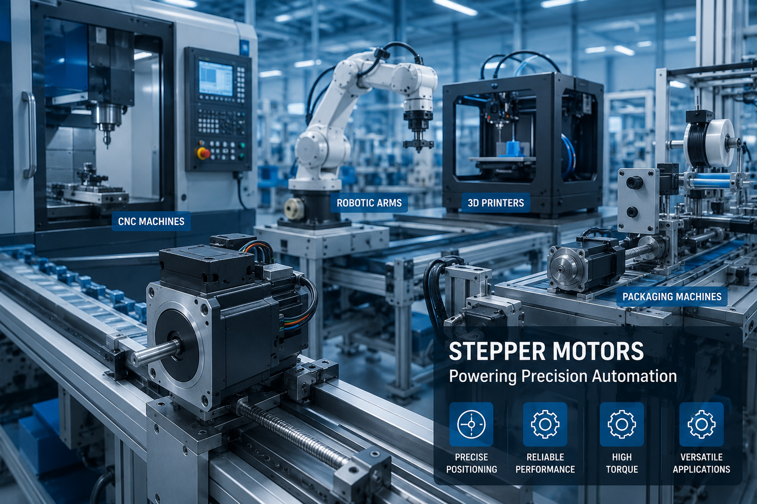 Schrittmotoren in CNC Maschinen Robotik und Automationssystemen in moderner Industriefertigung