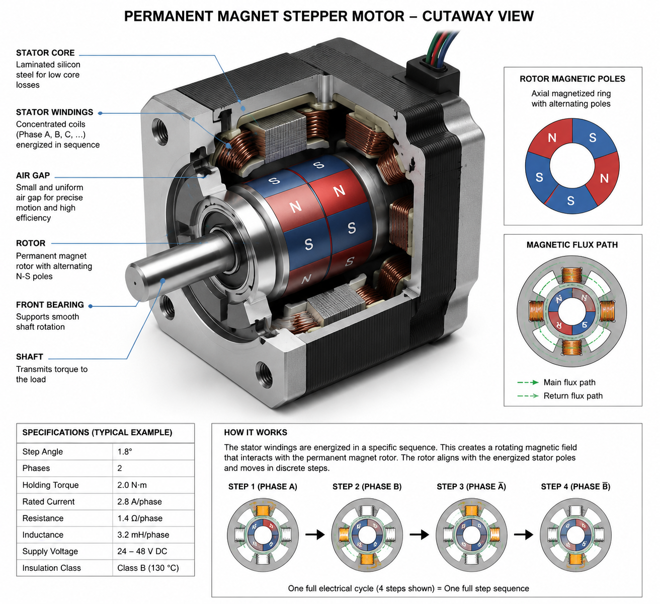 Hybrid Schrittmotor Aufbau mit Zahnrotor und Permanentmagnet