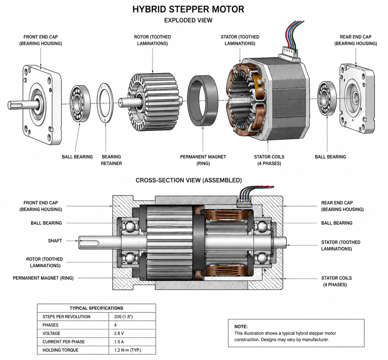 Hybrid Schrittmotor Schnittdarstellung Rotorzähne Statorwicklungen