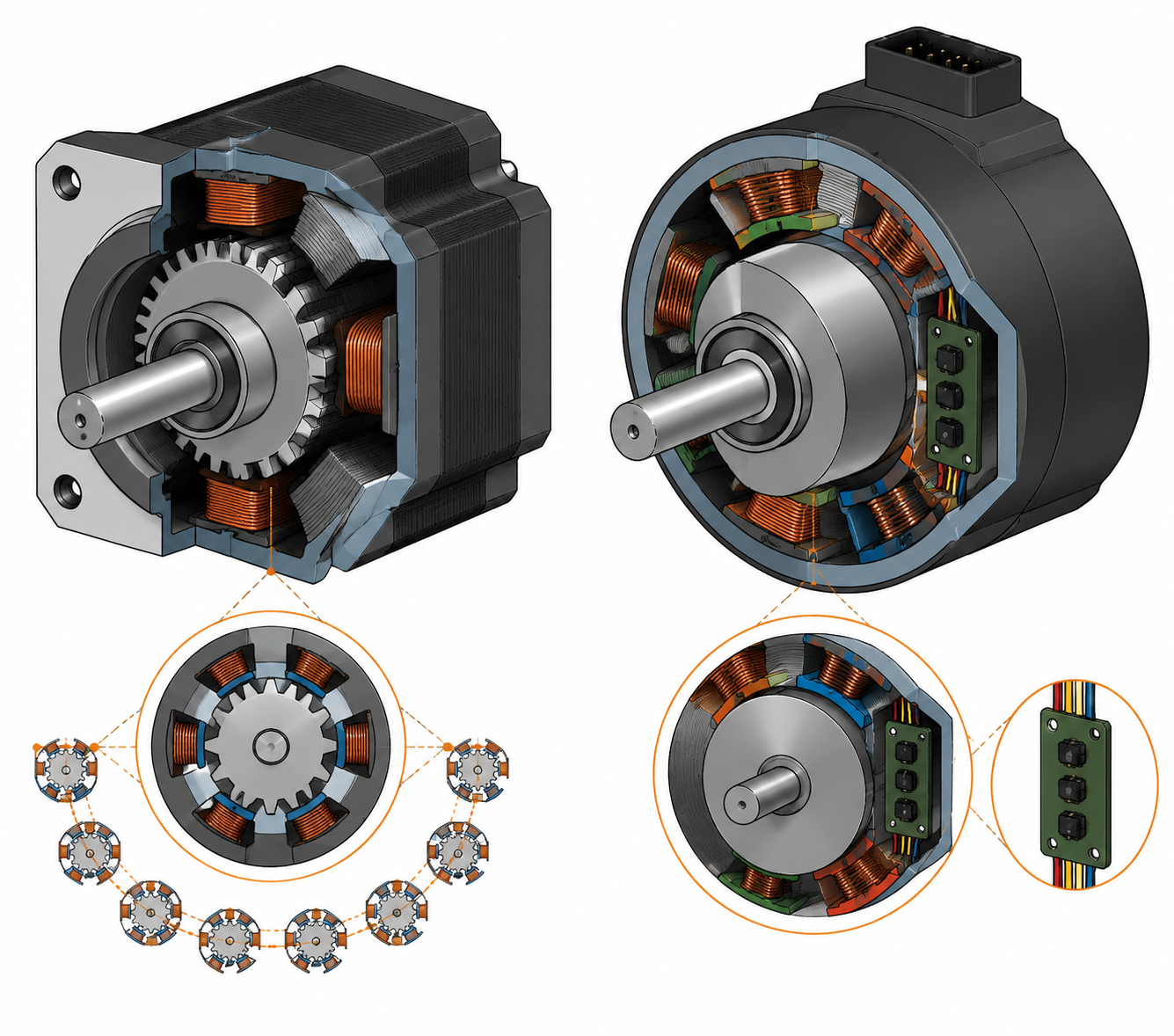 Schnittvergleich Hybrid Schrittmotor und BLDC Motor Rotor Stator Aufbau